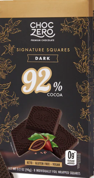 Front package of ChocZero Chocolate Squares, Dark Chocolate, 92%, 3.2 oz