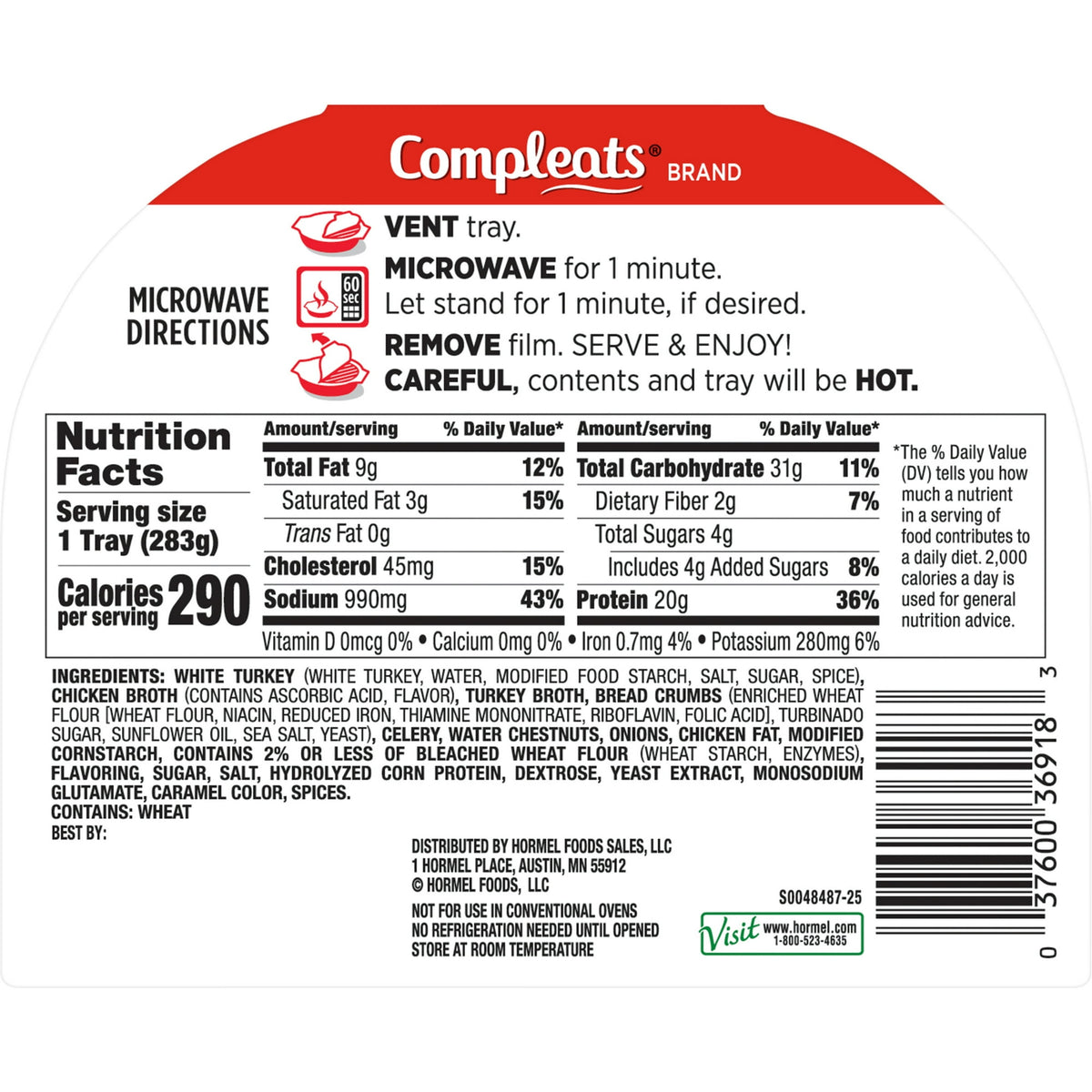 Hormel Compleats Shelf Stable Meals - Turkey & Dressing, 10 oz