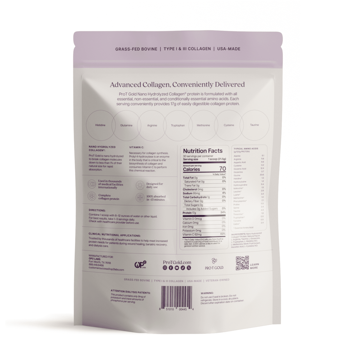 A resealable pouch of advanced collagen powder features a light purple top, detailed nutrition facts, and information on amino acids and usage directions for convenient supplementation.