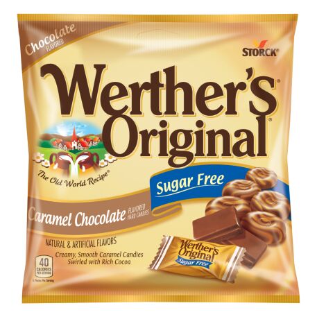 Front package of Werther's Original Sugar Free Hard Candies, Caramel Chocolate, 2.35 oz