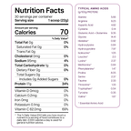 A nutrition facts label lists serving size, calories, and detailed information on protein, fats, carbohydrates, vitamins, and typical amino acids for a dietary supplement product.