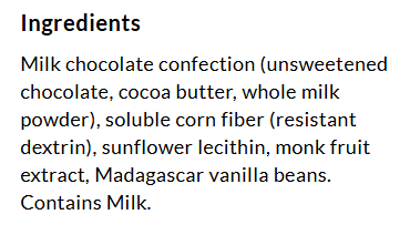 Ingredients label for ChocZero Keto Advent Calendar