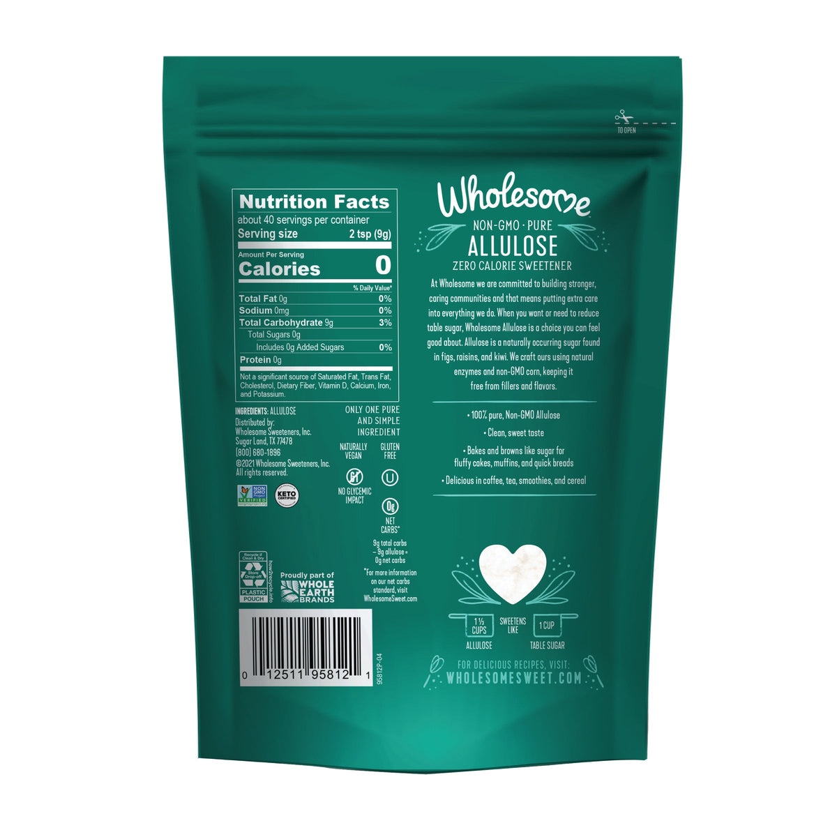 A teal bag labeled "Wholesome Non-GMO Pure Allulose" displays nutrition facts and ingredient details for a zero-calorie sweetener, emphasizing its clean taste and versatility in baking and beverages.