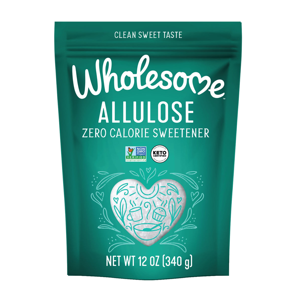 A teal pouch labeled "Wholesome Allulose" features the text "Zero Calorie Sweetener," decorative heart and leaf designs, and certification logos for Non-GMO and Keto, indicating a clean sweet taste product.