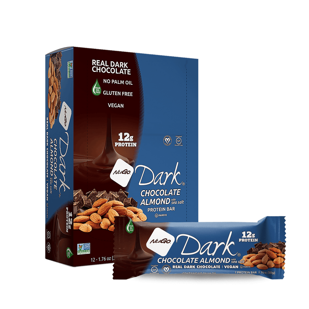 Front package of NuGo Dark Bars, 12 Bars, Chocolate Almond with Sea Salt