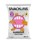 A bag of Snacklins Barbeque Plant Crisps features a playful design with a large pink mouth graphic, showcasing crispy snacks made from real vegetables and highlighting their avocado oil content.