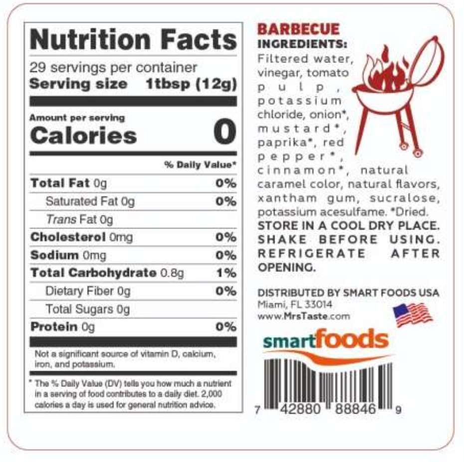 Mrs Taste Zero Calorie Barbecue Sauce - Original 12 oz