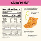Nutrition facts for Snacklins, featuring a crunchy snack made from yuca, mushrooms, and onions, highlighting its low calorie count of 100 per serving and unique texture.