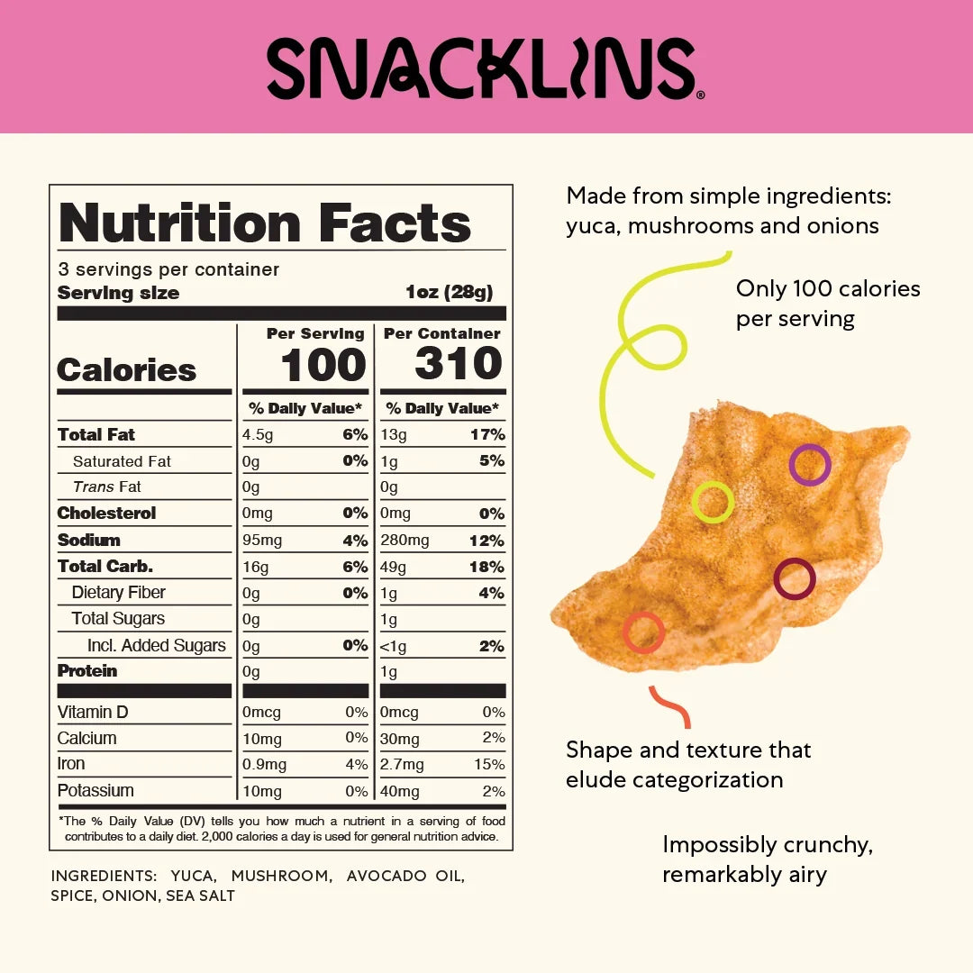 Nutrition facts for Snacklins, featuring a crunchy snack made from yuca, mushrooms, and onions, highlighting its low calorie count of 100 per serving and unique texture.