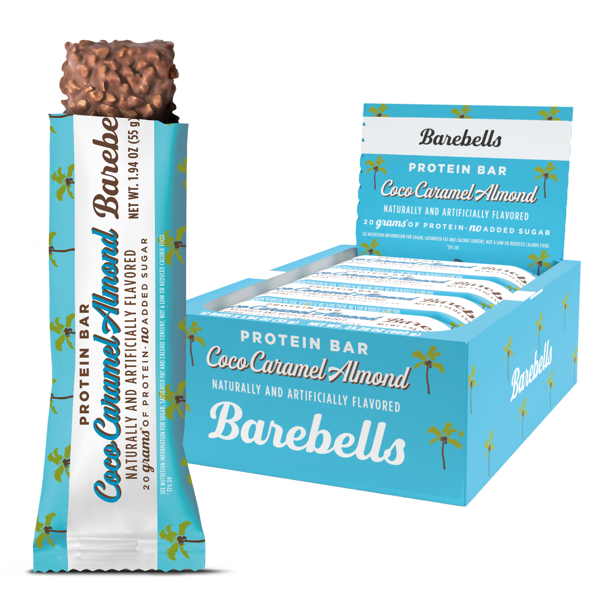 Front package of Barebells Protein Bars, Coco Caramel Almond / One Bar