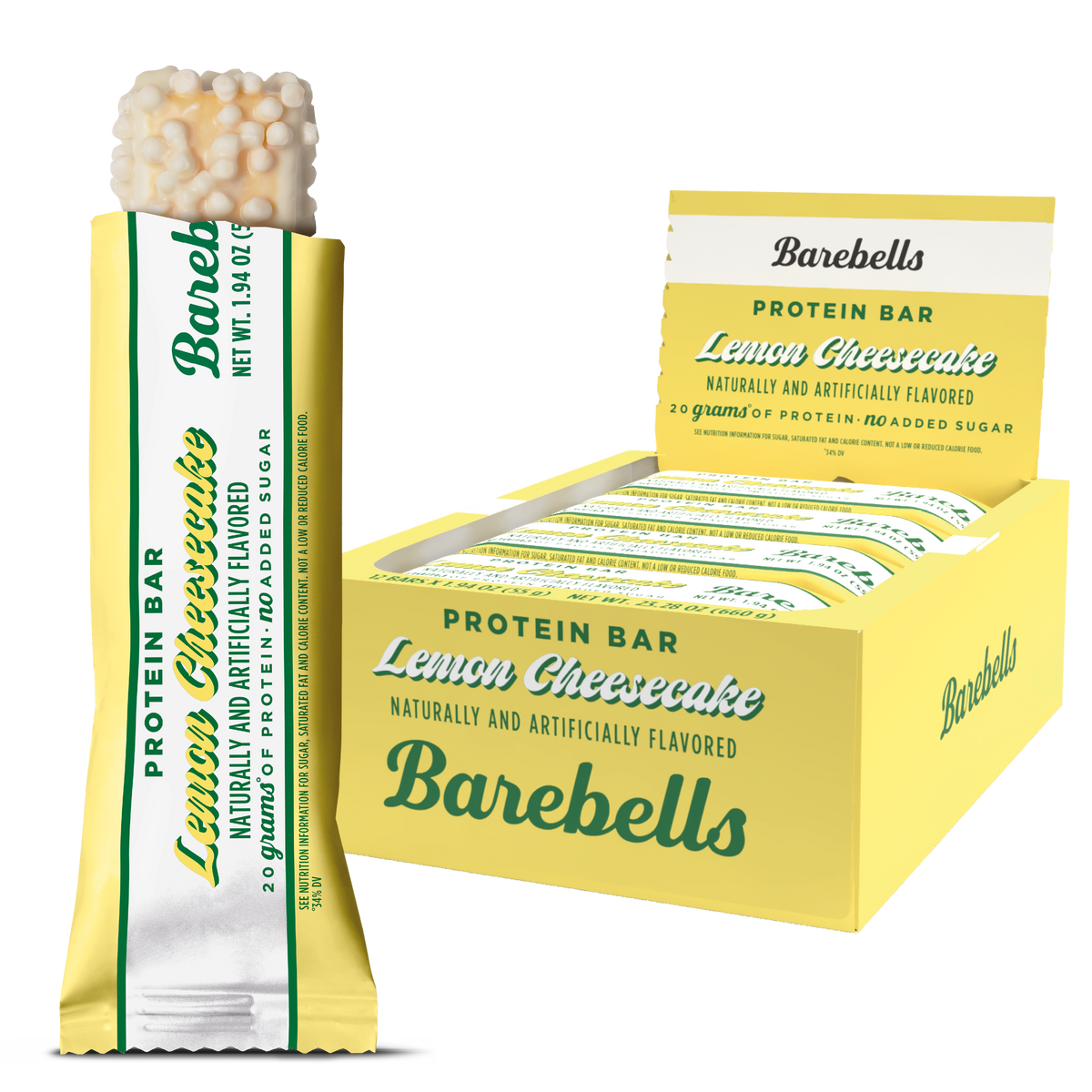 Front package of Barebells Protein Bars, Lemon Cheesecake / One Bar