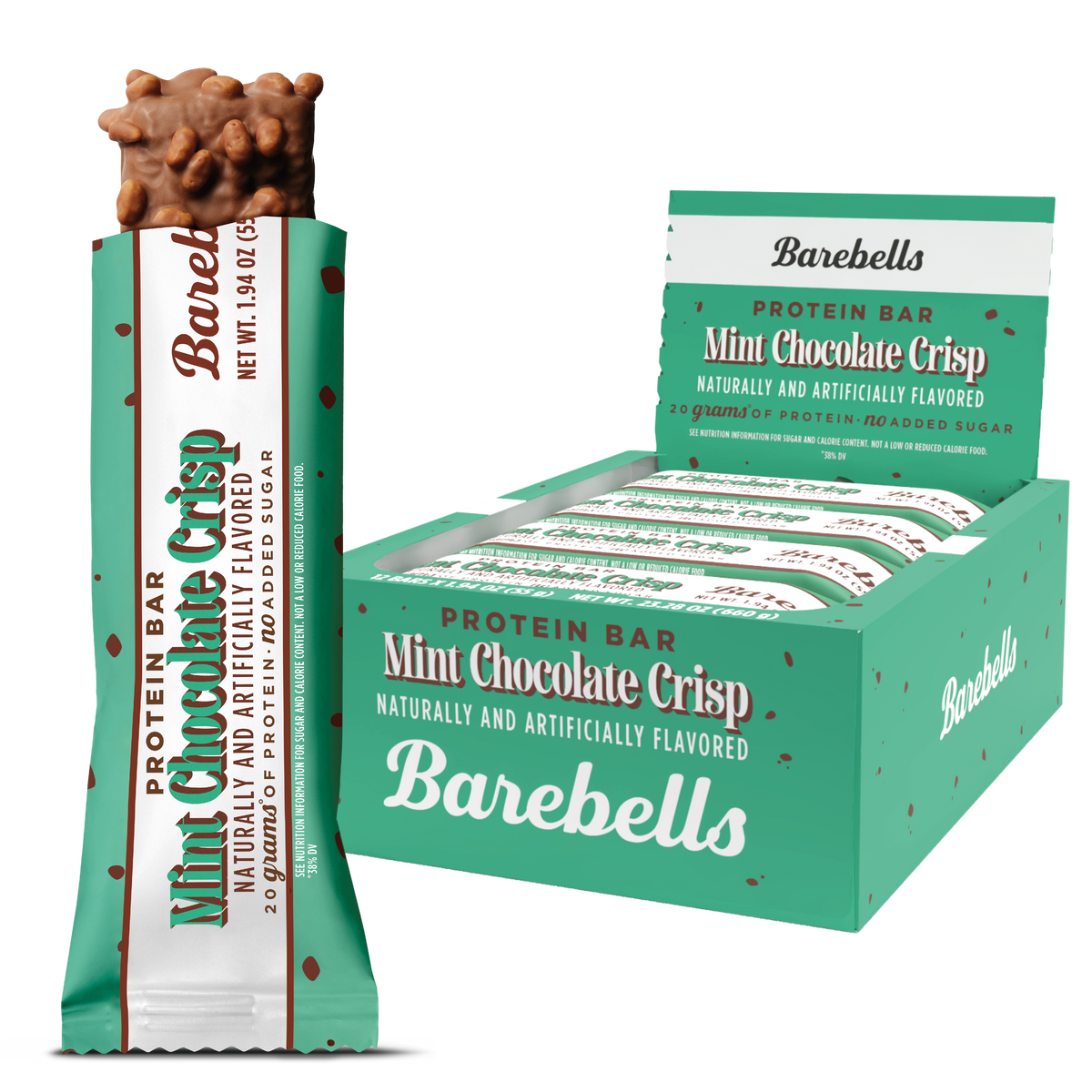 Front package of Barebells Protein Bars, Mint Chocolate Crisp / One Bar