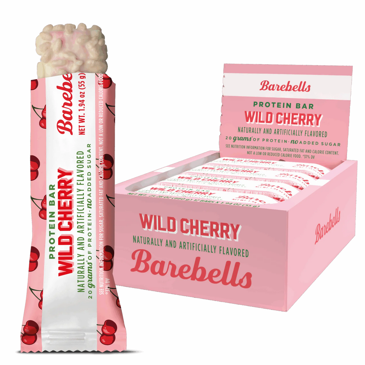 Front package of Barebells Protein Bars, Wild Cherry / One Bar