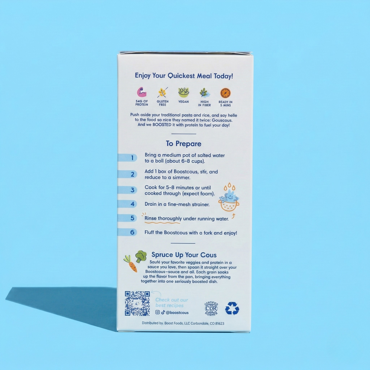 A colorful product box for Boostcous, featuring preparation instructions and benefits like high protein and vegan, set against a light blue background.