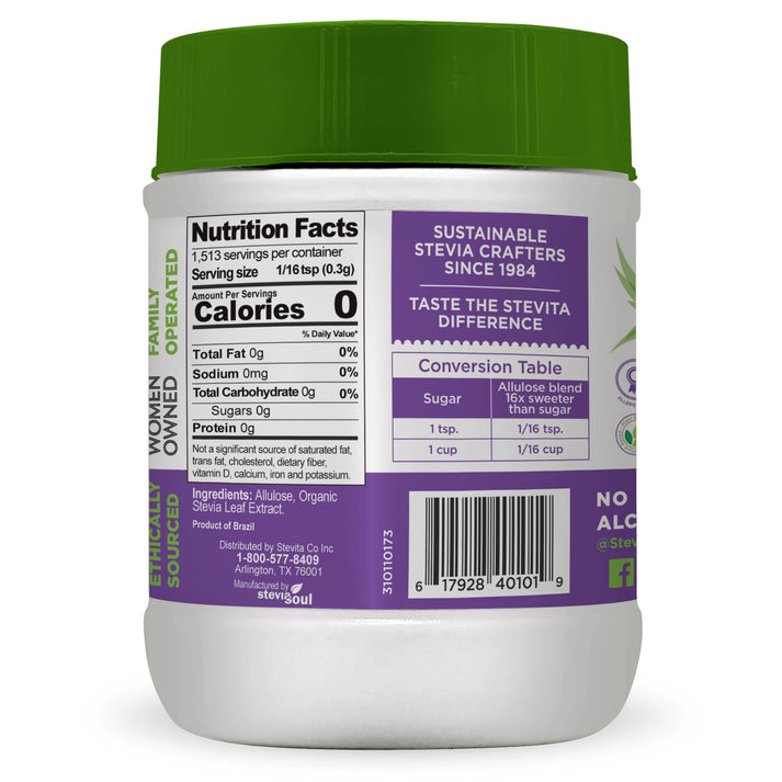A green-lidded container of stevia sweetener features a nutrition facts label, highlighting zero calories and a conversion table for sugar alternatives, with branding emphasizing sustainability and ethical sourcing.