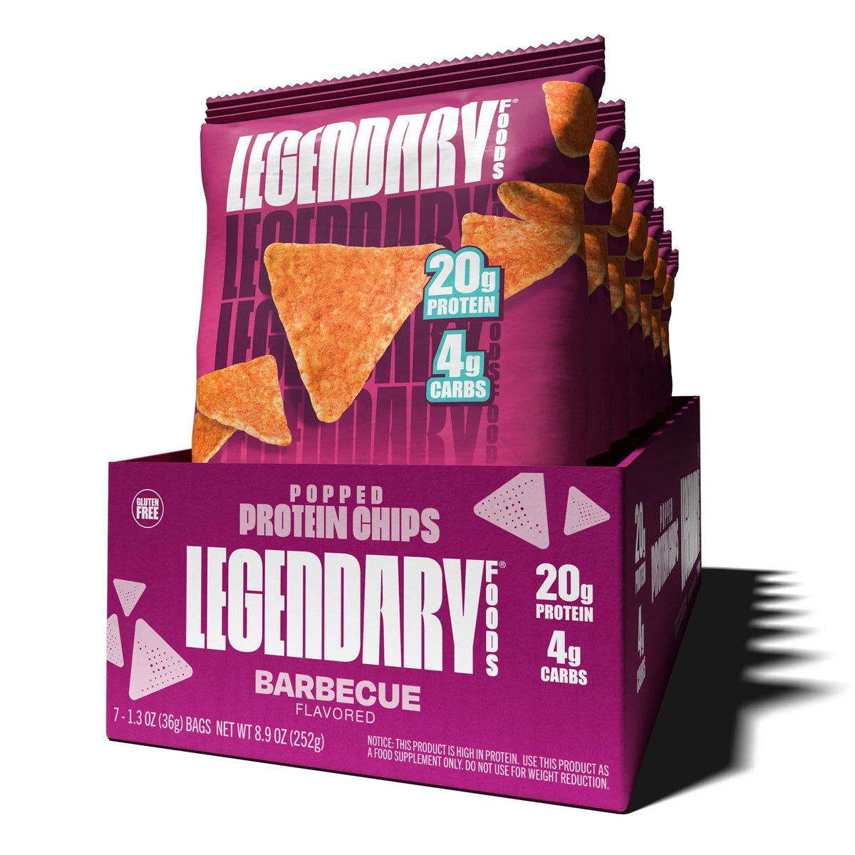 Front package of Legendary Foods Popped Protein Chips, Barbecue / 7-Pack