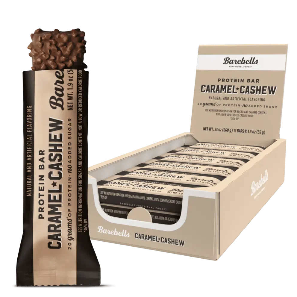 Front package of Barebells Protein Bars, Caramel Cashew / 12-Pack