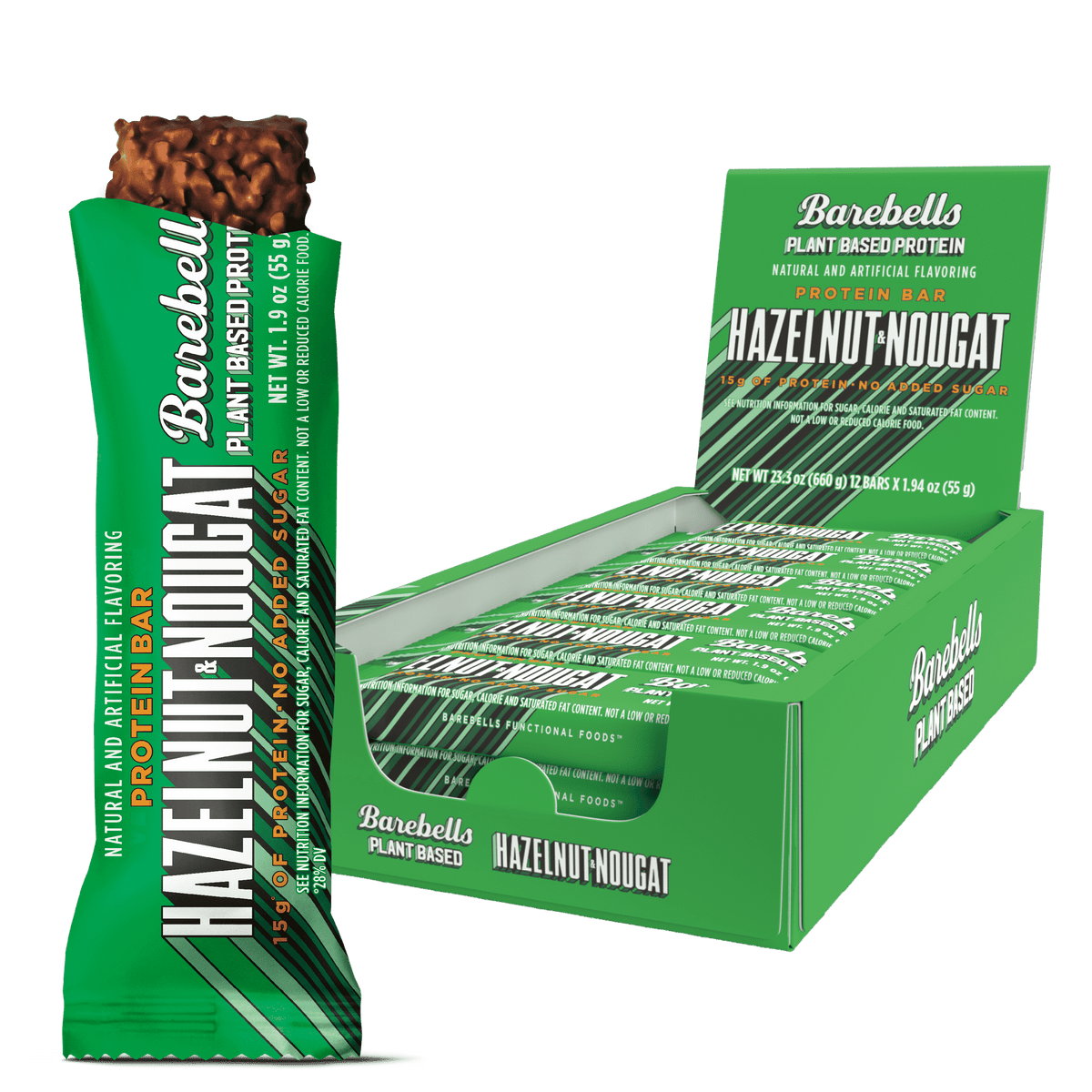Front package of Barebells Plant Based Protein Bars, Hazelnut Nougat / One Box (12 Bars).