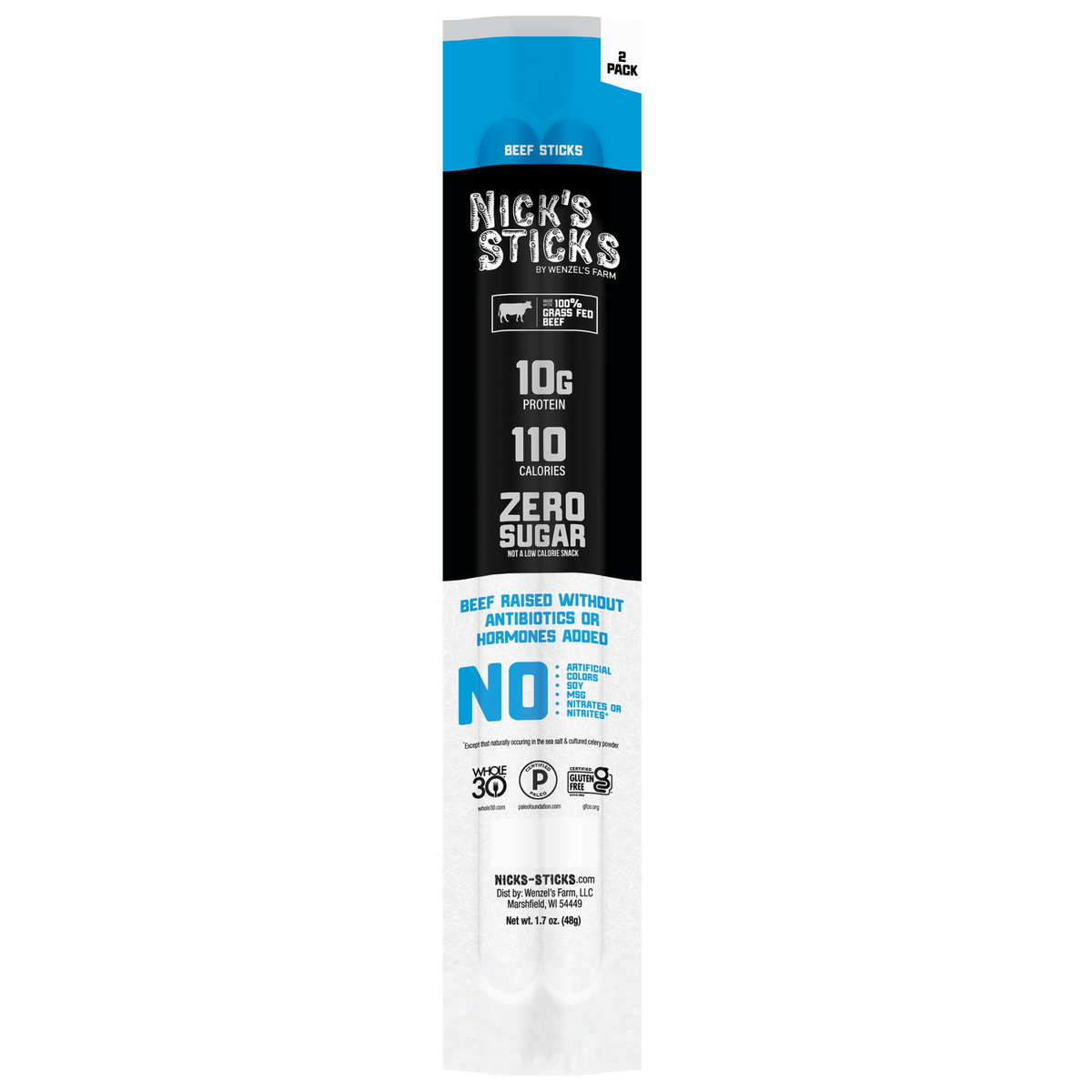 A package of Nick's Sticks beef sticks features bold text highlighting 10g of protein, 110 calories, and zero sugar, with a note indicating no antibiotics or hormones added.