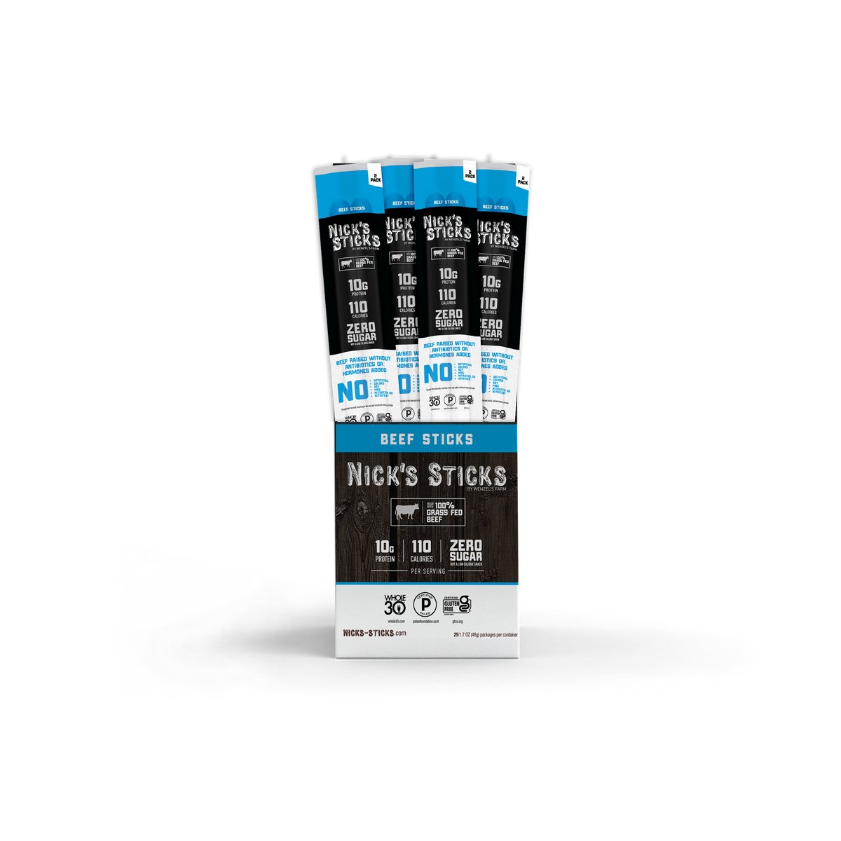 A package of Nick's Sticks beef sticks displays multiple sticks with nutritional information, highlighting 10 grams of protein, 110 calories, and zero sugar per serving.