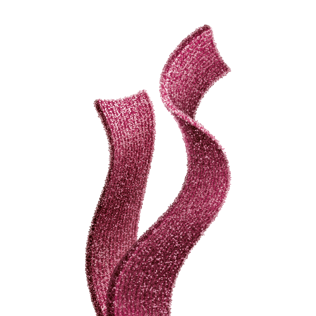 A shimmering, twisted ribbon of deep pink glitter is displayed against a light background, showcasing its vibrant color and sparkling texture.