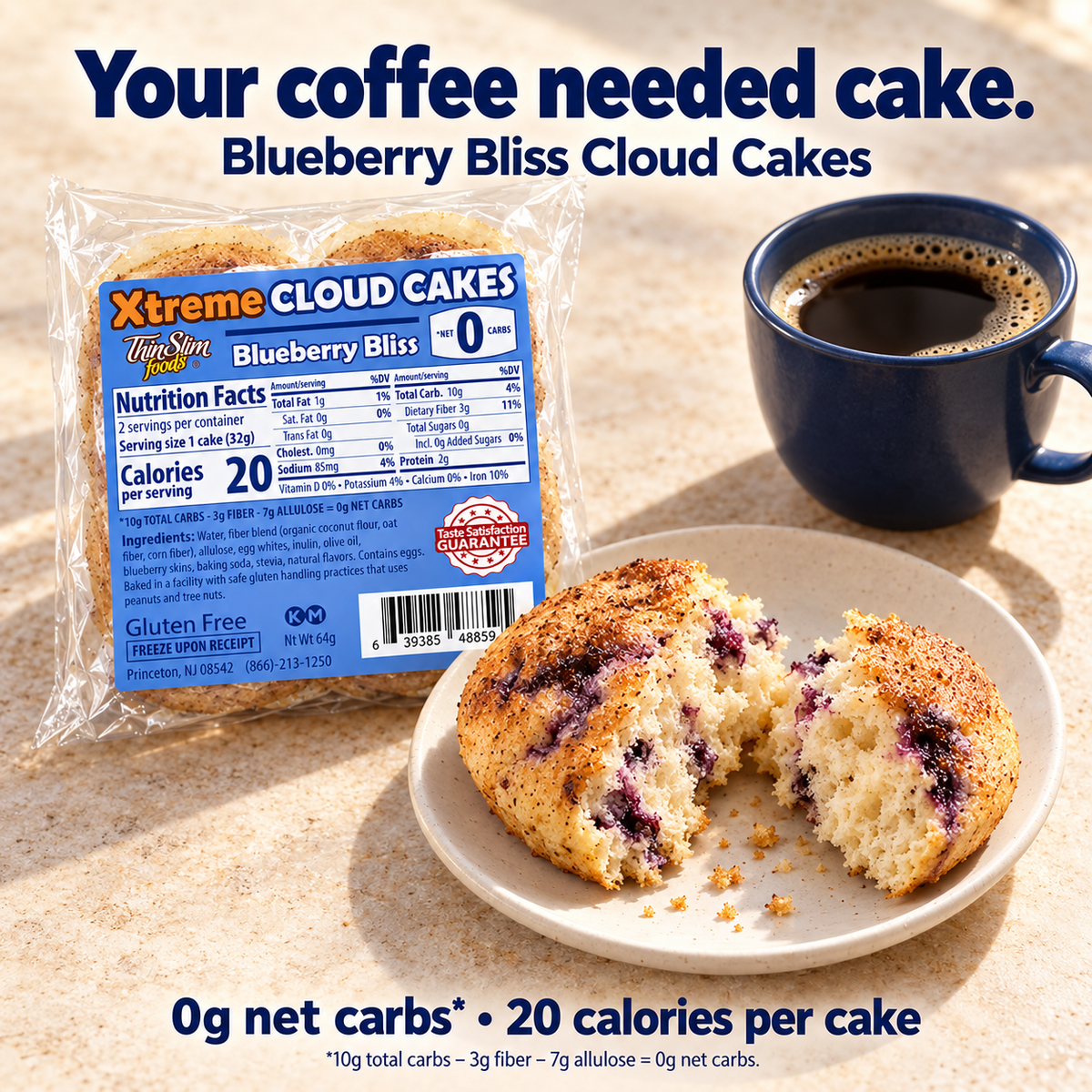 ThinSlim Foods Xtreme Blueberry Cloud Cakes with 0g net carbs, 2g protein, 3g fiber and 20 calories per cake.