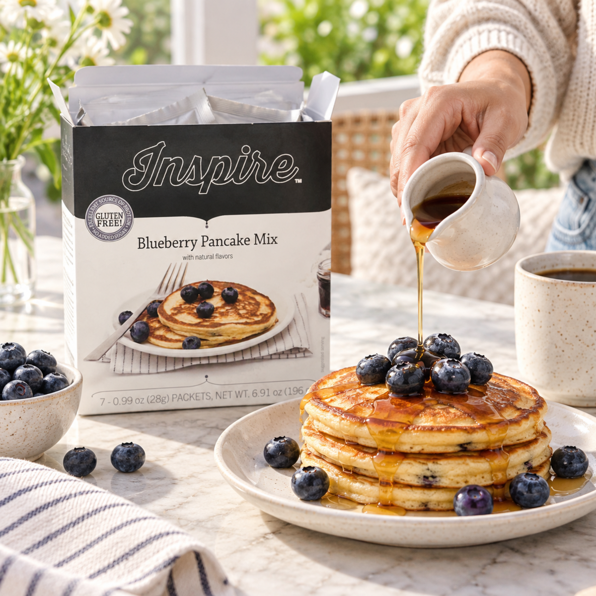 Blueberry pancake mix box with prepared pancakes and blueberries