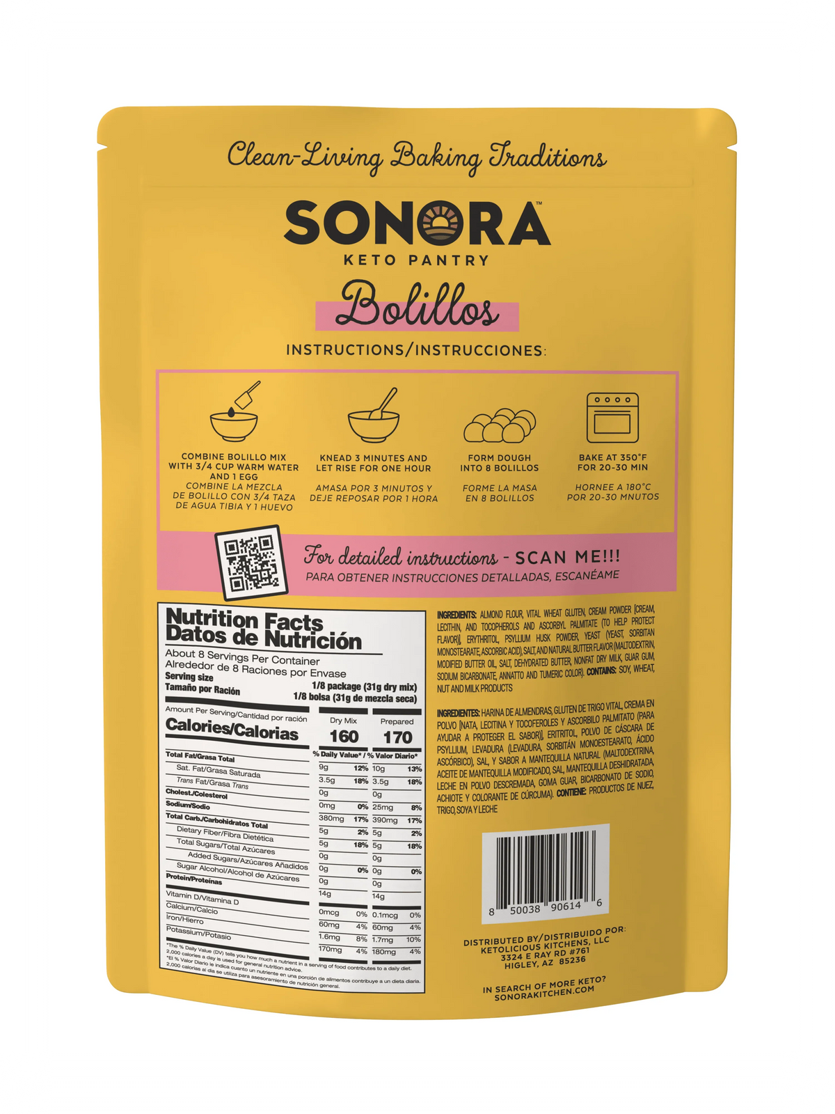 A yellow packaging for Sonora Keto Pantry Bolillos features baking instructions, nutrition facts, and ingredient list, highlighting its keto-friendly nature for making traditional bolillos.