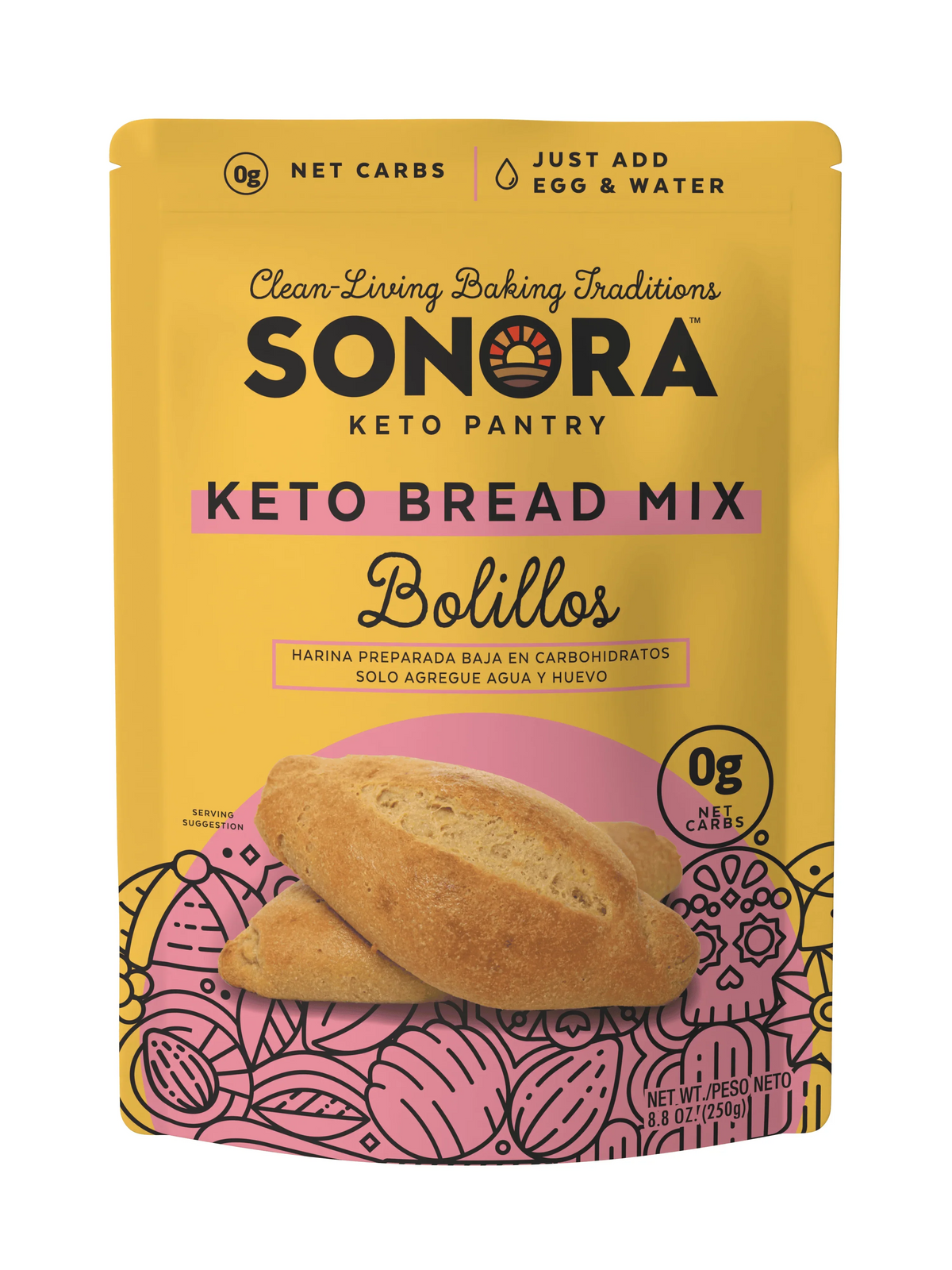 A yellow package of Sonora Keto Bread Mix features the product name prominently, with illustrations of bolillos and text highlighting low net carbs and preparation instructions.