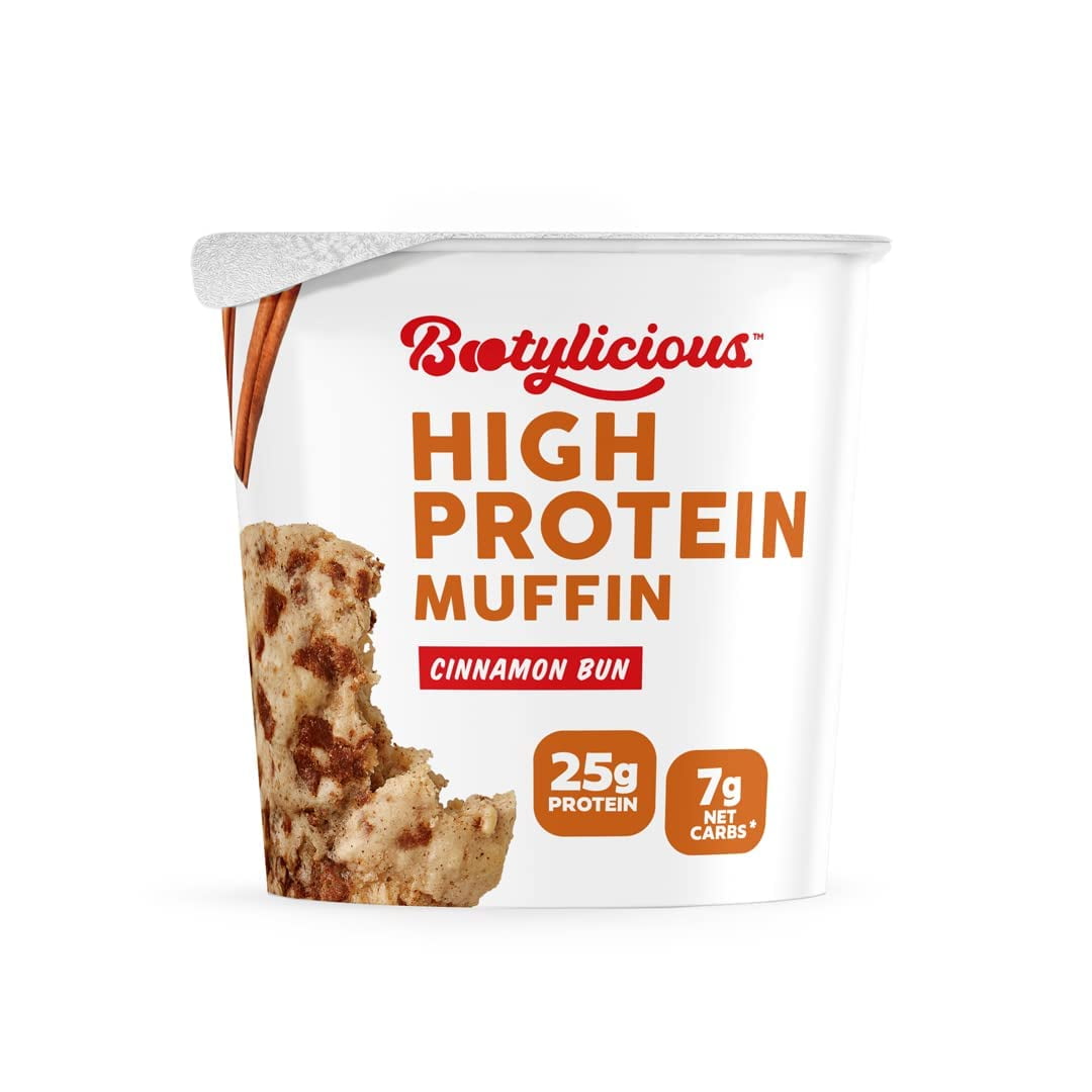Bootylicious Cinnamon Bun high protein muffin cup front