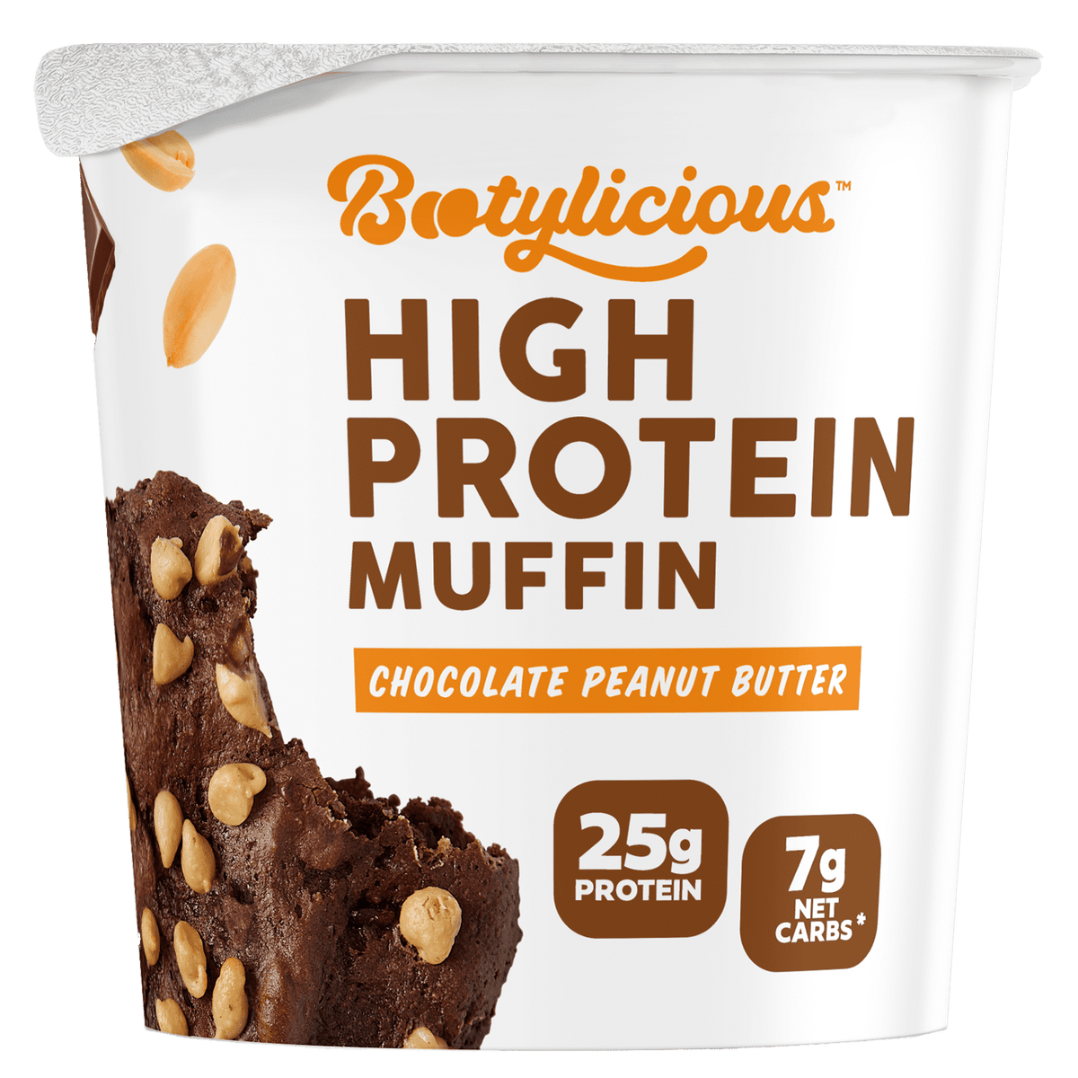 Bootylicious Chocolate Peanut Butter high protein muffin cup front