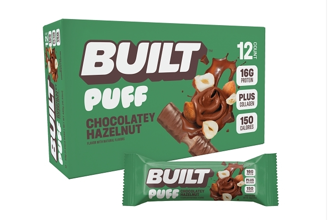 Front package of Built Bar Protein Puffs, Chocolatey Hazelnut (Seasonal) / 12 Bars