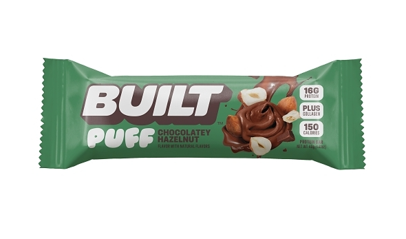 Front package of Built Bar Protein Puffs, Chocolatey Hazelnut (Seasonal) / One Bar