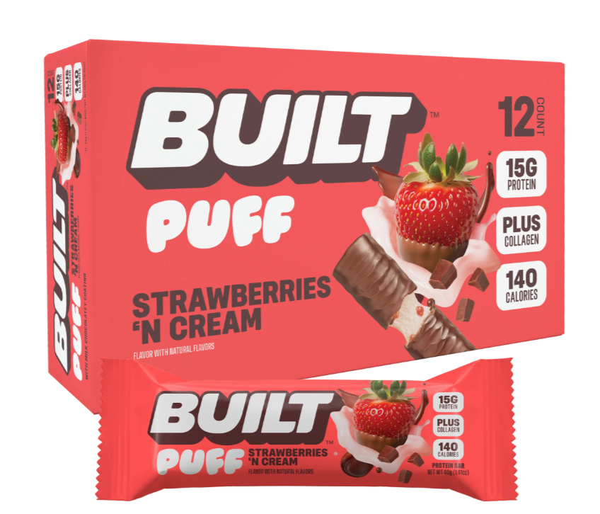 Front package of Built Bar Protein Puffs, Strawberries 'N Cream / 12 Bars