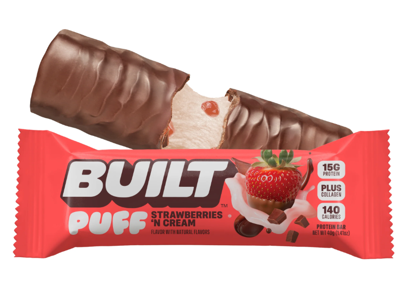 Front package of Built Bar Protein Puffs, Strawberries 'N Cream / One Bar