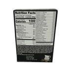 Nutrition facts label for a food product, detailing serving size, calories, and various nutrients, with a white coffee cup silhouette in the bottom right corner.