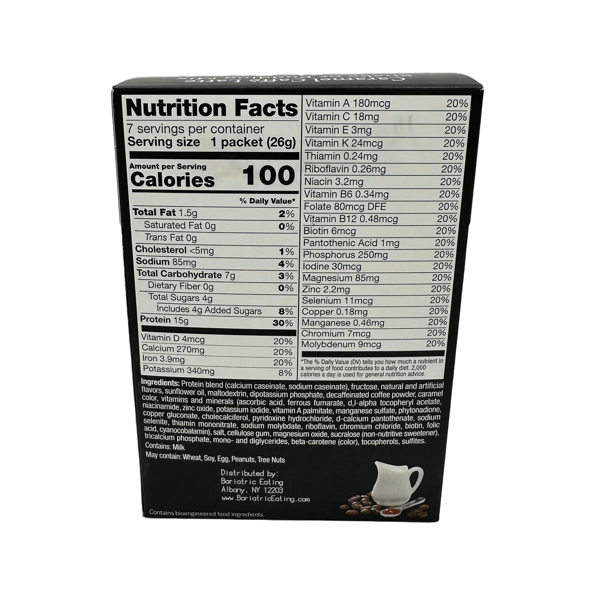 Nutrition facts label for a food product, detailing serving size, calories, and various nutrients, with a white coffee cup silhouette in the bottom right corner.