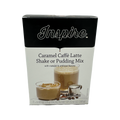 A box of Inspire Caramel Caffè Latte Shake or Pudding Mix displays two servings in glass cups, one with a creamy texture and the other topped with caramel, alongside a measuring spoon and coffee beans.
