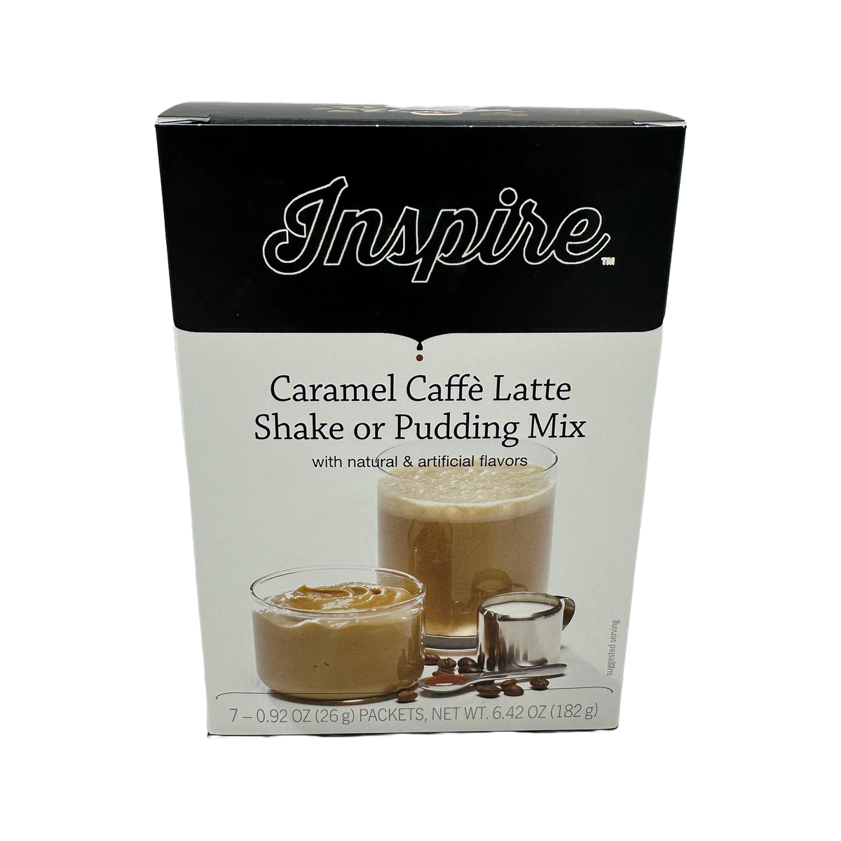 A box of Inspire Caramel Caffè Latte Shake or Pudding Mix displays two servings in glass cups, one with a creamy texture and the other topped with caramel, alongside a measuring spoon and coffee beans.