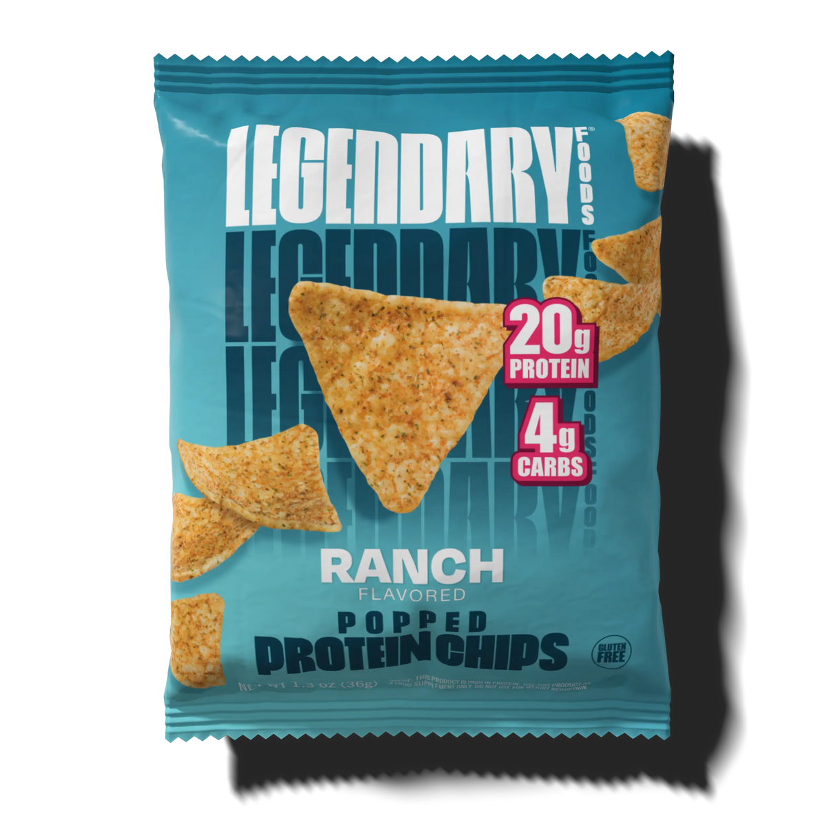 Front package of Legendary Foods Popped Protein Chips, Ranch / One Bag