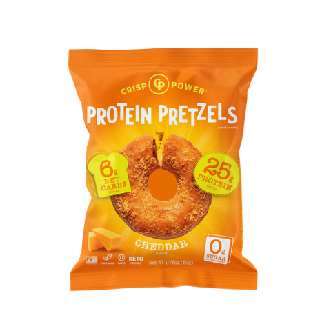 Front package of Protein Pretzels by Crisp Power, Cheddar / One Bag