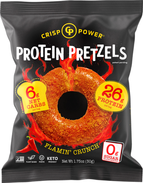 Front package of Protein Pretzels by Crisp Power, Flamin' Crunch / One Bag