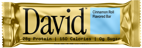 Front package of David Protein Bars, Cinnamon Roll / One Bar