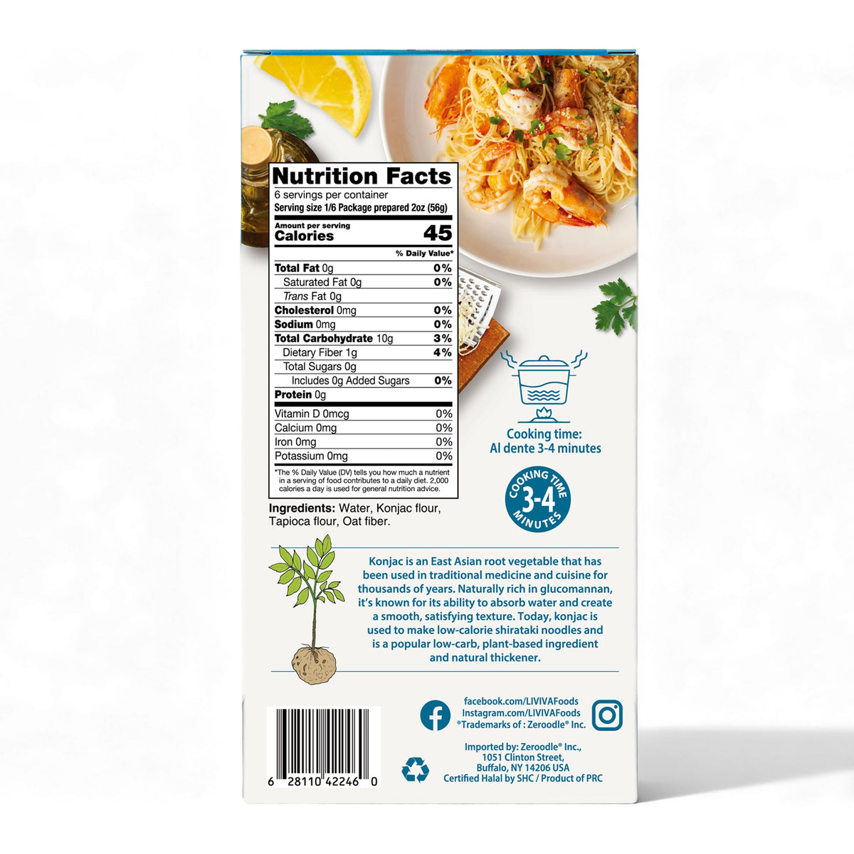 The back of a food package displays nutrition facts, cooking instructions, and ingredients for a konjac-based product, featuring a plant illustration and emphasizing low-calorie, plant-based qualities.