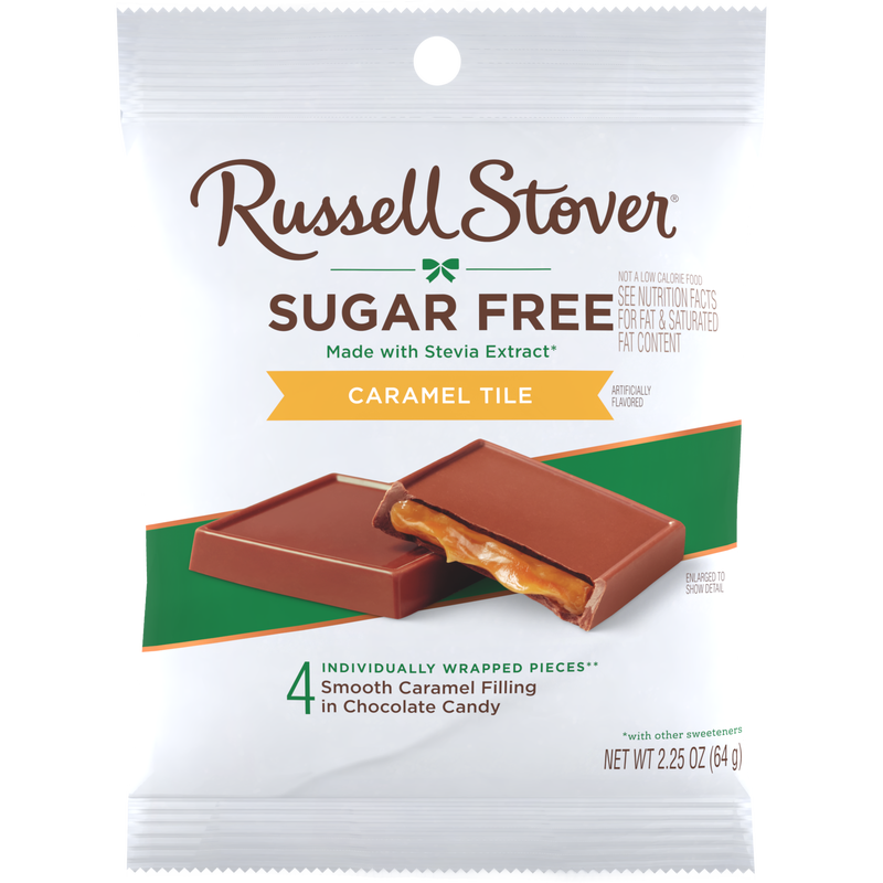 Front package of Russell Stover Sugar Free Peg Bag Candy, Caramel Tile (2.25 oz) / One Bag