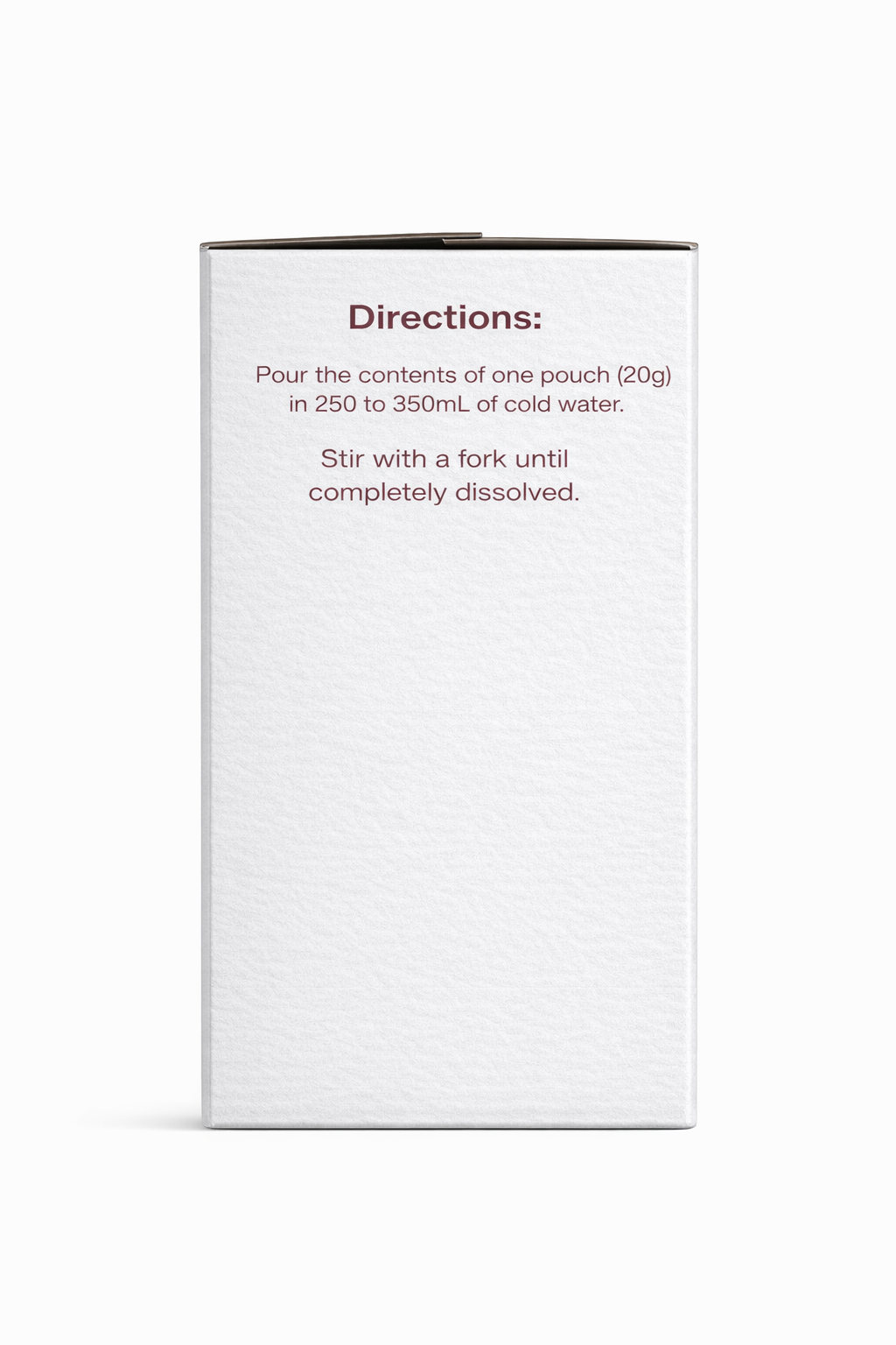 A white pouch with instructions on the back, detailing how to mix its contents with cold water and stir until fully dissolved.