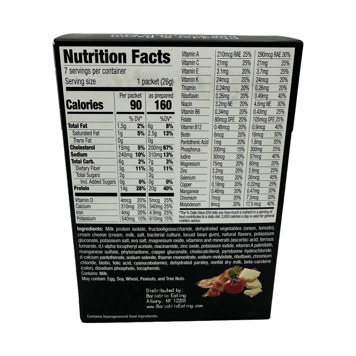 A nutrition facts label displays detailed information about the contents, serving size, and ingredients of a food product, including calories, vitamins, and minerals per serving.