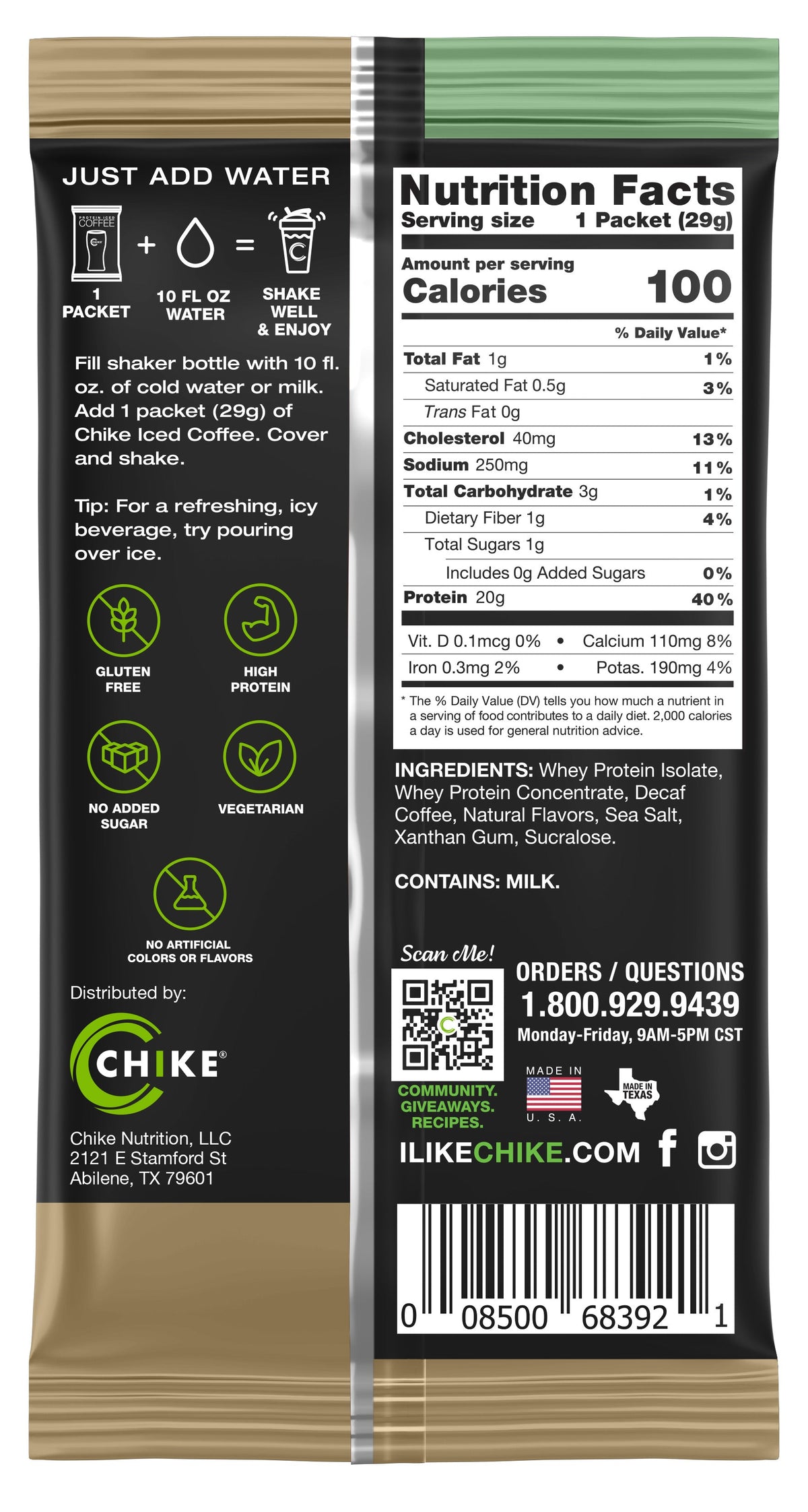 Chike Nutrition High Protein Iced Coffee Single Serving Packets - Decaf Cappuccino, One Packet