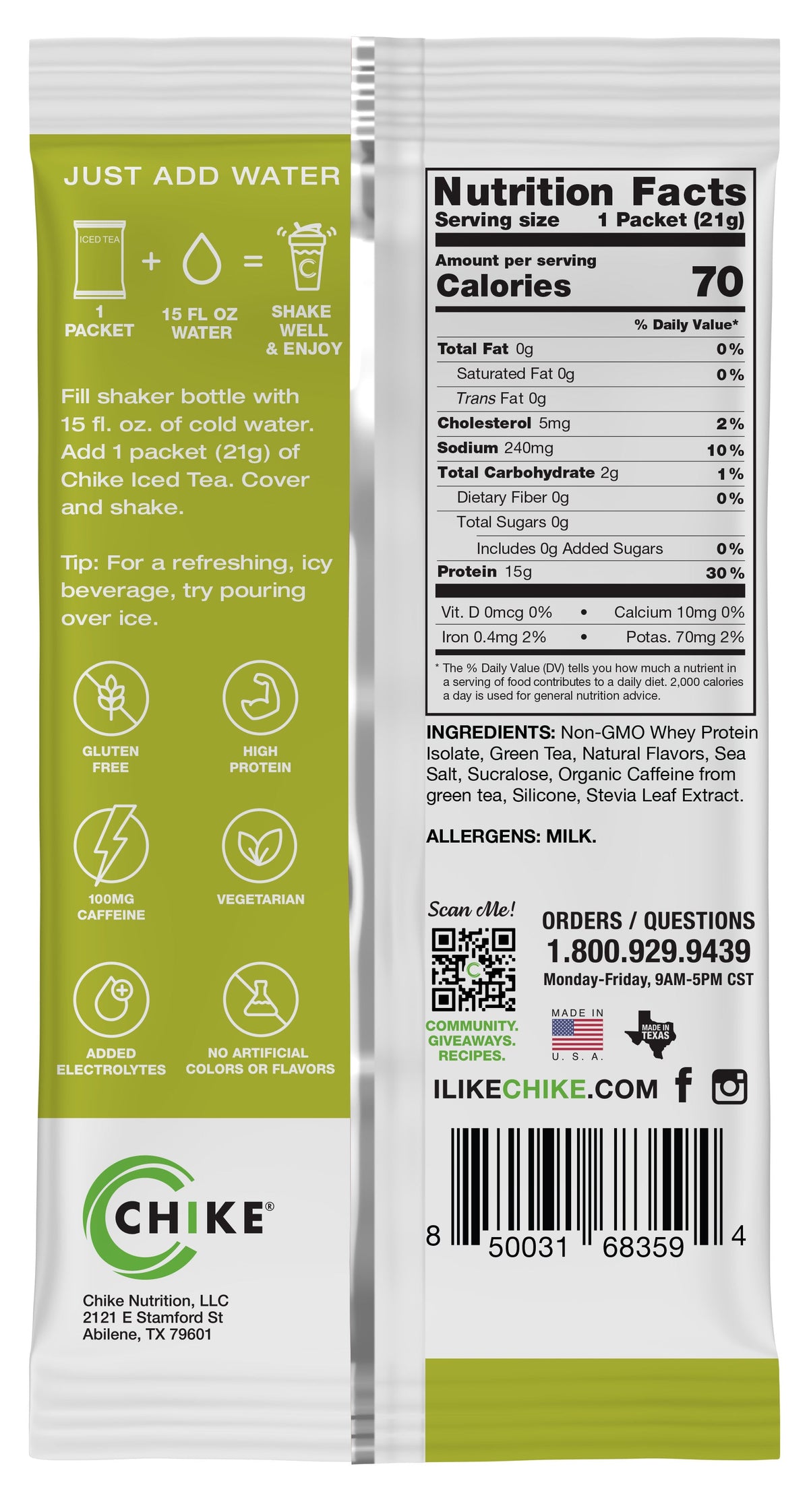 Chike Green Tea Lemonade protein iced tea packet back with directions and Nutrition Facts