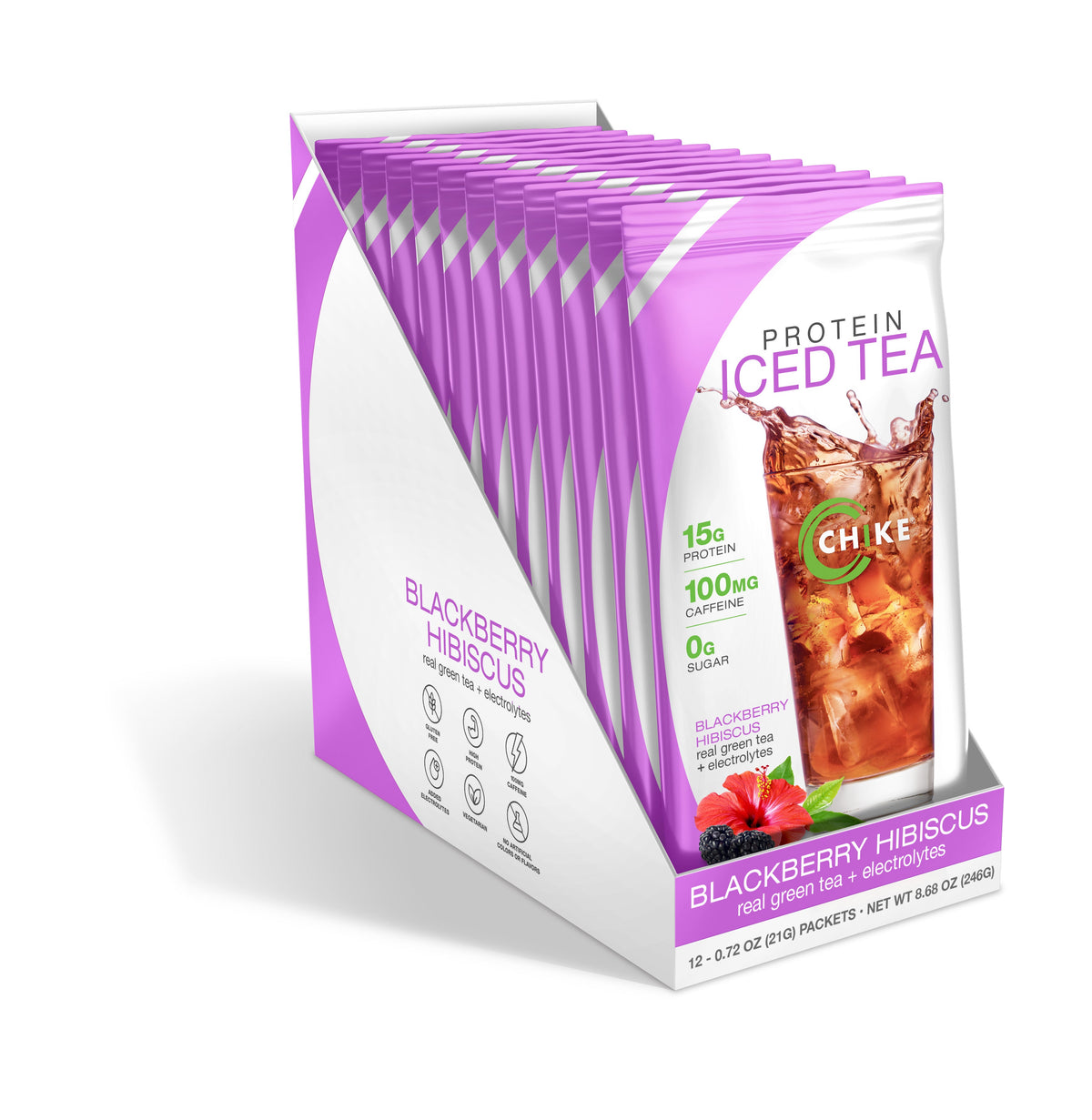Chike Blackberry Hibiscus protein iced tea 12-packet display box